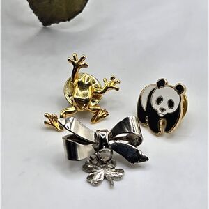 "5/$25" Lot of 3 Brooch Pins, Frog, Panda Bear and Ribbon W/Dangle Clover